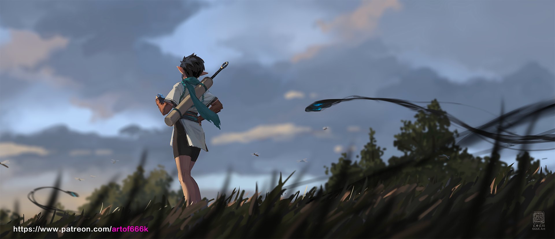 the digital painting depicts a female elflike character standing in a field, facing away from the viewer. she's dressed in lightcolored clothing, carrying a bow and arrow on her back. the sky is filled with dramatic clouds, and mysterious, dark, flowing shapes move across the scene, suggestive of magical creatures. the overall atmosphere is serene yet intriguing, inviting the viewer to wonder about the story unfolding.  a patreon watermark is visible in the bottom left corner.