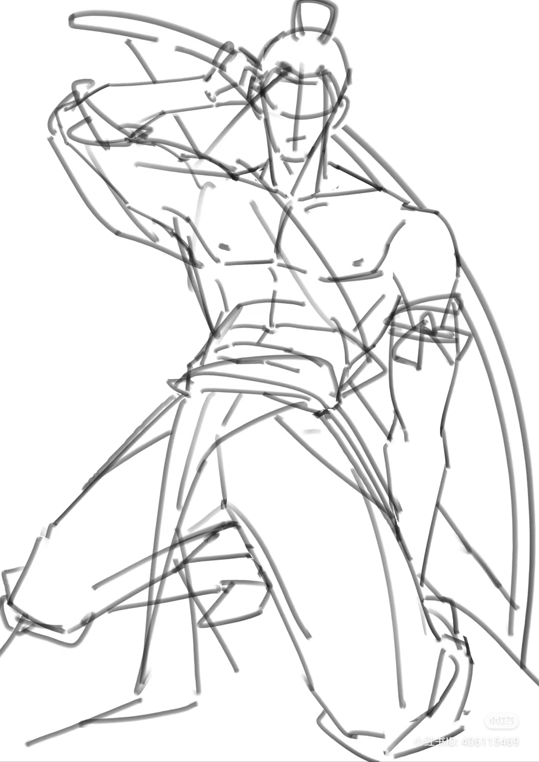 a black and white sketch of a muscular man in a dynamic pose. he appears to be a warrior, possibly of asian descent, judging by his topknot hairstyle. he is holding a large sword, seemingly midswing.  the drawing focuses on the figure's anatomy and the flow of movement, leaving out details of the face and clothing.
