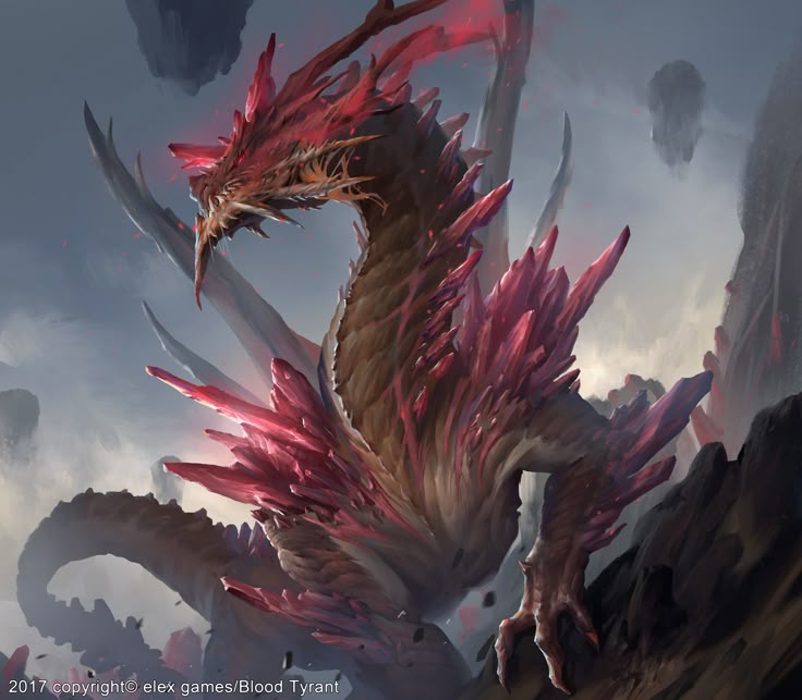 a fantasy art image of a dragon covered in red crystals. the dragon is in a dark and rocky environment, with floating rocks in the background. it has sharp claws, scales, horns, and teeth. the image includes a copyright notice from elex games/blood tyrant.