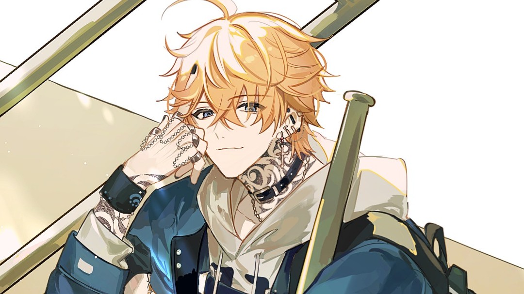 the image is a digital fanart depicting a stylish anime boy with long, blonde hair and blue eyes. he has several tattoos, including a prominent neck tattoo and designs on his hands.  he's wearing a blue jacket over a creamcolored hoodie, and is accessorized with various chains, rings, and earrings. a baseball bat rests near him, and he has a backpack partially visible. he has a slightly pensive or thoughtful expression, and the overall style is detailed and quite realistic for animestyle art.  the background is simple and light, keeping the focus on the character.