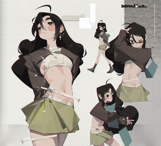 the image showcases a digital character design of a young woman with a trendy and edgy style. she is depicted in three different poses, all against a minimalist white background with abstract gray shapes that resemble torn paper. the character has long, dark hair, large expressive eyes, and a confident pose. she is dressed in a white crop top, a green mini skirt, a black jacket, and various accessories like earrings, a necklace, and bracelets. the overall aesthetic is modern and stylish, with a touch of rebellion.  the color palette is muted with soft greens, browns, grays, and whites.