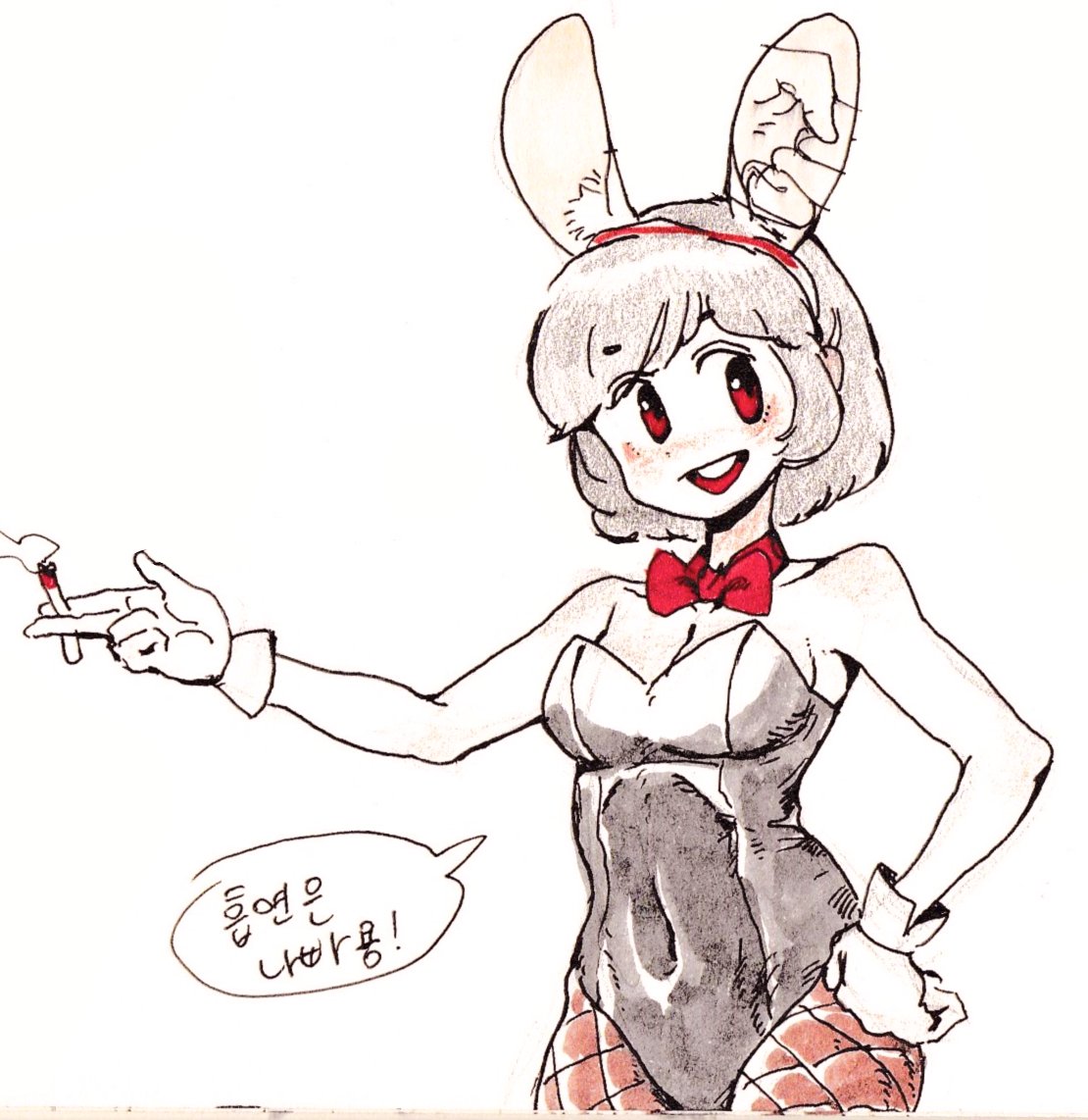 a cartoon illustration of a girl with bunny ears and a bunny costume, wearing a red bow and holding a cigarette in her hand, she has red eyes and is smiling.