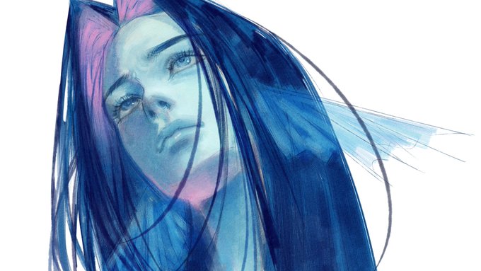 this is an artistic illustration of a woman's face and upper chest looking upwards, rendered in a watercolor style with shades of blue, purple, and pink. her features are delicately drawn, with a focus on the eyes and the flow of her long, dark hair. the background is a pure white, further emphasizing the ethereal and somewhat melancholic mood of the piece.