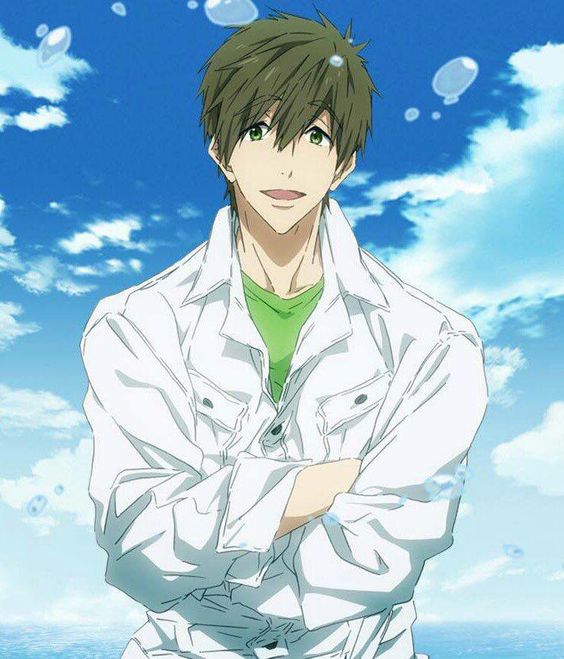 the image features an anime boy with brown hair and green eyes, standing against a backdrop of a blue sky with clouds and a sparkling ocean. he wears a white denim jacket over a green shirt. his arms are crossed, and he has a confident smile on his face. the overall aesthetic of the image is bright and cheerful, typical of anime style.