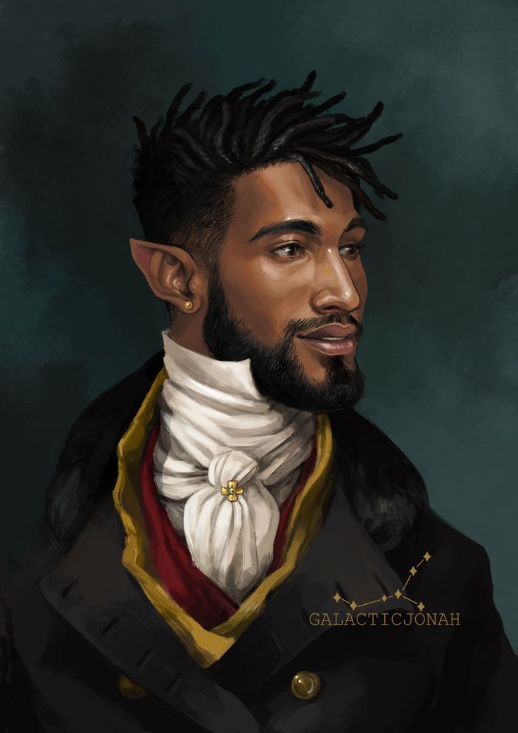 an oil painting portrait of an elegant black man with elf ears and dreadlocks. he has a neatly trimmed beard and a gold earring. he wears traditional clothing, including a white cravat and a black coat with gold trim. a gold taurus constellation pin is on his coat. the painting is signed "galacticjonah" in the bottom right.