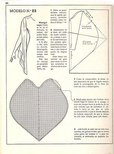 this image shows a sewing pattern diagram with instructions in spanish for creating a "manga capa" which translates to "cape sleeve". the image includes a drawing of the sleeve style, diagrams of the pattern pieces with markings and measurements, and numbered instructions for construction.