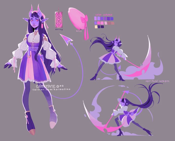 the image shows a character design sheet of a female demon character with purple skin, horns, and long dark hair. she has elflike ears and is wearing a dress with alternating pink and purple panels, white sleeves, and a pink beret. there are also illustrations of an earring and the character wielding a large, scythelike spiritual weapon. a color scheme palette is included. the artist's name and twitter handle are also included.