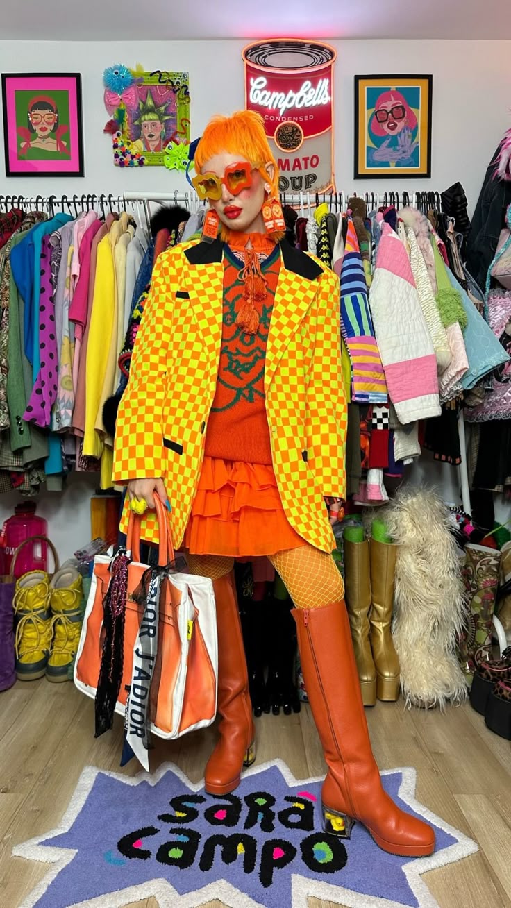 a woman with bright orange hair is standing in front of a rack of colorful clothes. she is wearing an orange and yellow checkered blazer over an orange dress and matching orange boots. she is also wearing yellow sunglasses and holding a handbag. behind her are various artworks and a campbell's soup can art piece. she is standing on a rug that says "sara campo".