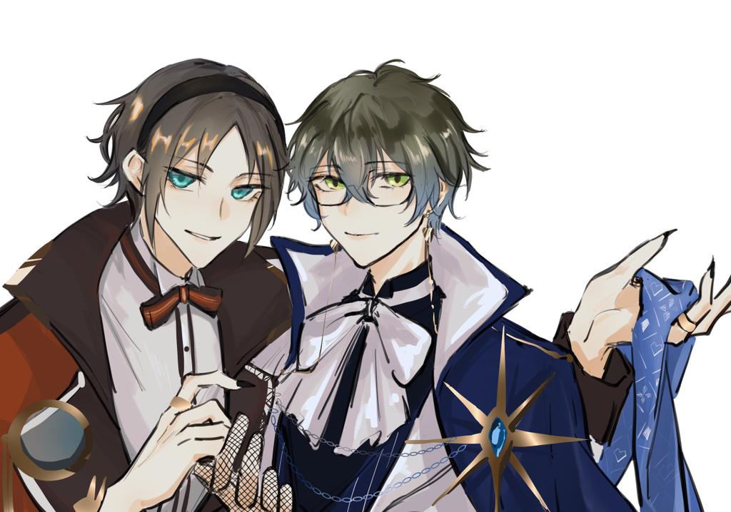 the illustration showcases two anime boys standing sidebyside. they are dressed in fashionable attire, with one wearing a brown coat and the other in a navy blue coat. the boy on the right sports glasses and a chain necklace, while the boy on the left has a bow tie and a chain necklace. they both have smiling expressions, suggesting a close bond between them. their attire and poses highlight their friendship. the image captures a sense of warmth and happiness, implying a positive and joyful connection between the two characters.