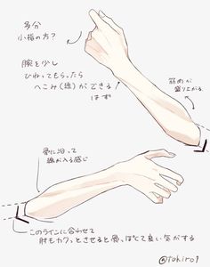 drawing tutorial showing how to draw a more dynamic arm by twisting it slightly at the wrist. the tutorial emphasizes using lines to suggest the shape of the bones and muscles underneath the skin. the text is in japanese.