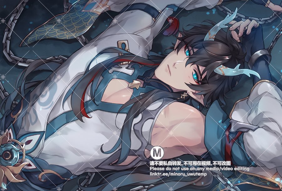 an anime character with long black hair and blue eyes is lying down on a white and blue patterned background. he is wearing a blue and white outfit with chains around his wrists. he has blue horns on his head and is looking at the camera.