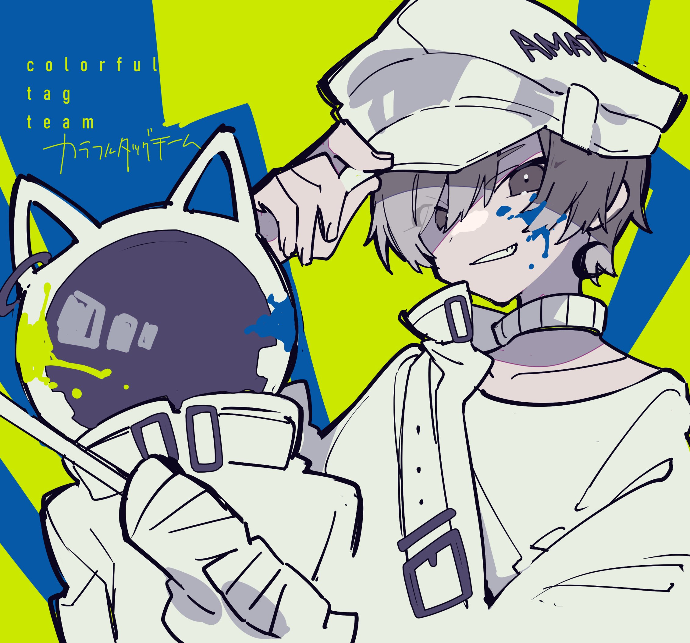 the image features an illustration of an animestyle character standing next to a catlike robot. the character is depicted with gray hair, a white hat with "ama" written on it, and blue splatters on their face. they are wearing a white shirt and a thick collar. next to them is a robot with a catlike head, also painted in white and accented with blue and yellow splatters. the robot has a square display on its chest. both figures are set against a vibrant yellow and blue background with the text "colorful tag team" in the upper left corner.