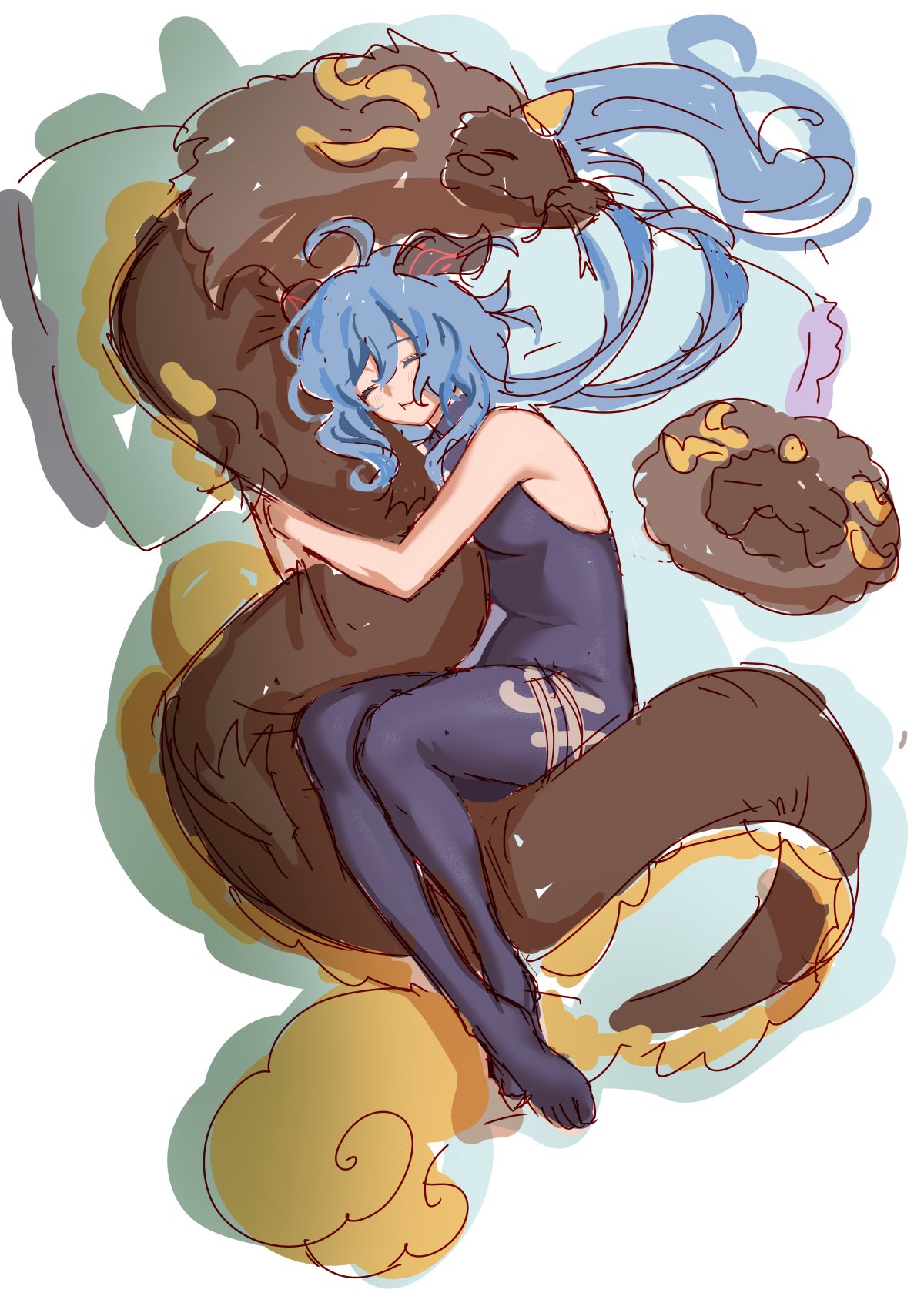 this is a digital art piece that depicts an anime girl with blue hair, hugging a large brown dragon with yellow accents. the girl is wearing a blue swimsuit and has her eyes closed, as if she is sleeping. the dragon is curled around her, and both are surrounded by clouds. the art style is simple and playful, with a focus on the cuteness of the characters.