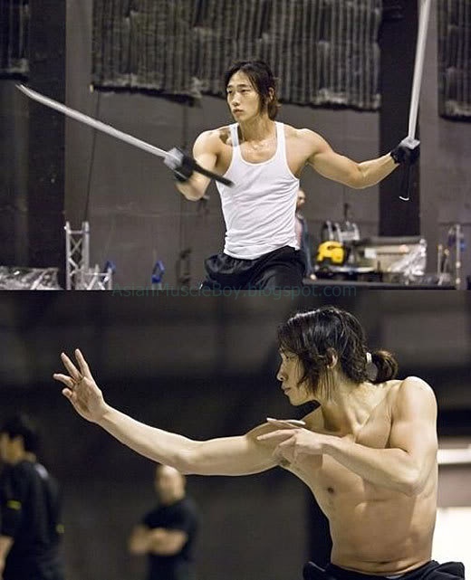 the image shows two photos of an asian man. the top photo shows a man in a white tank top and black pants, holding swords and looking serious as he trains in a martial arts stance. the bottom photo shows the same man shirtless with the same black pants, his long hair is in a ponytail, he has a serious expression on his face, and he is showing off his toned muscles while demonstrating a martial arts move.