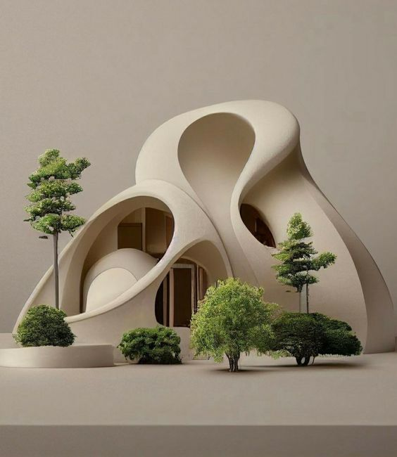a scale model of a modern house with curved, organic forms. the house is white and sits on a white platform. there are a few small trees and bushes around the house. the lighting is soft and the overall feel is serene and peaceful.