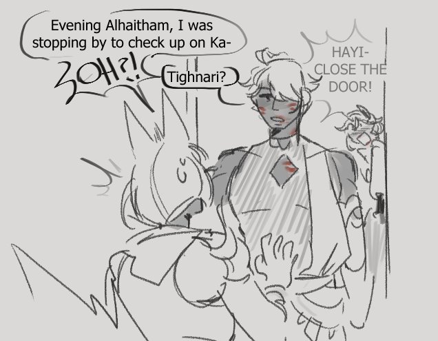 a comic strip with 3 panels. the first panel shows a man with short white hair holding his hand to his chest, with a speech bubble above him that says "evening alhaitham, i was stopping by to check up on ka".  there is a speech bubble above him that says "zoh?!". the second panel shows the same man looking surprised at a man with long black hair. he is holding up his right hand with his pointer finger up, and his left hand is on his stomach. the speech bubble above him says "tighnari?". the third panel shows the man with short white hair, hiding behind the man with long black hair. the man with long black hair is standing with his hands at his side and his back to the viewer. his right hand is slightly raised. there is a speech bubble above the man with long black hair that says "hayi close the door!". there is a speech bubble above the man with short white hair that says "c".