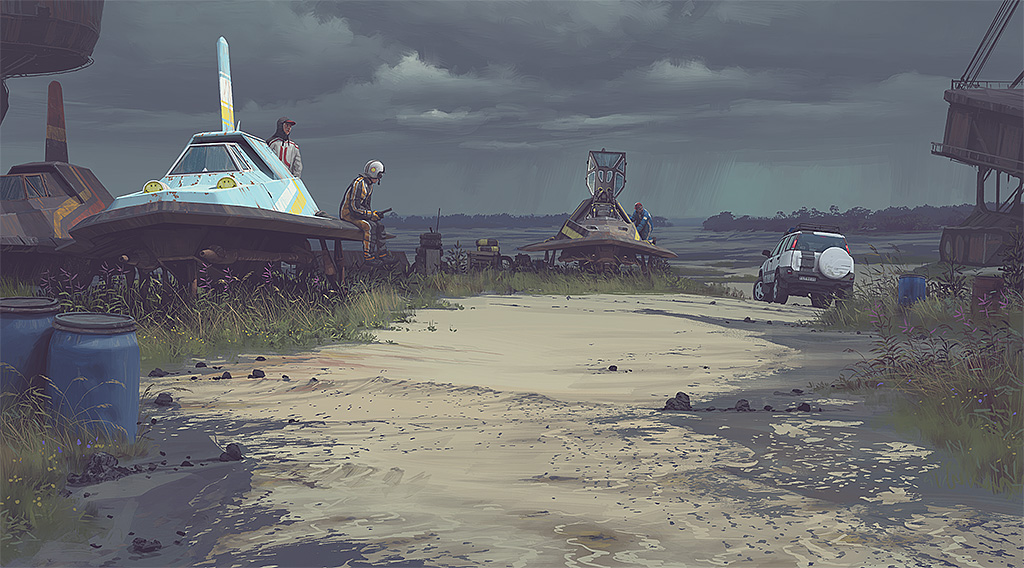 a digital painting depicting a futuristic scene with a spaceship and a car parked on a muddy road. the sky is cloudy and rainy, with tall grass and plants growing in the background. the spaceship is rusty and appears to be abandoned. the car is parked on the road, with its headlights on. there are two barrels in the foreground, adding to the sense of abandonment. the overall mood of the painting is one of solitude and desolation.