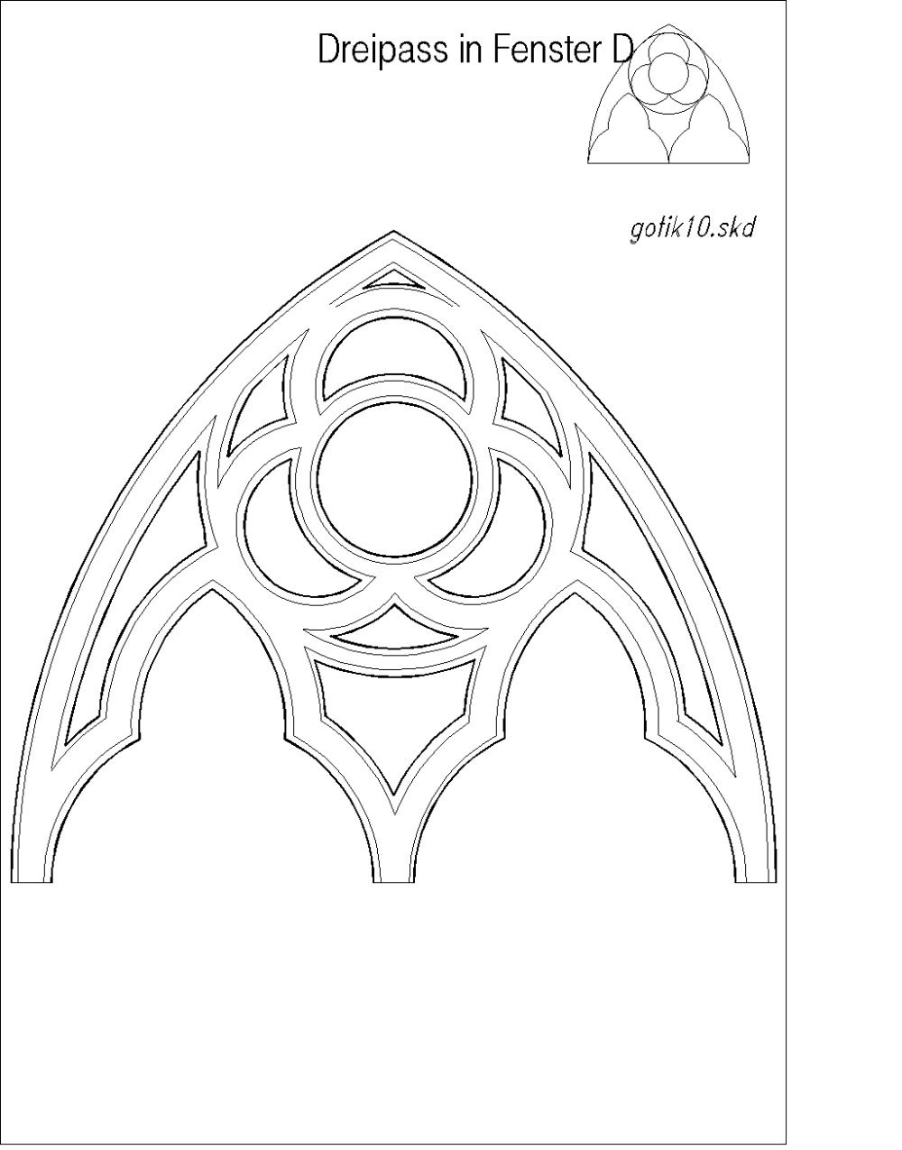 this is a line drawing of a trefoil arch, a common architectural element of gothic architecture. the drawing appears to be a technical drawing or blueprint, likely intended for construction or design purposes.