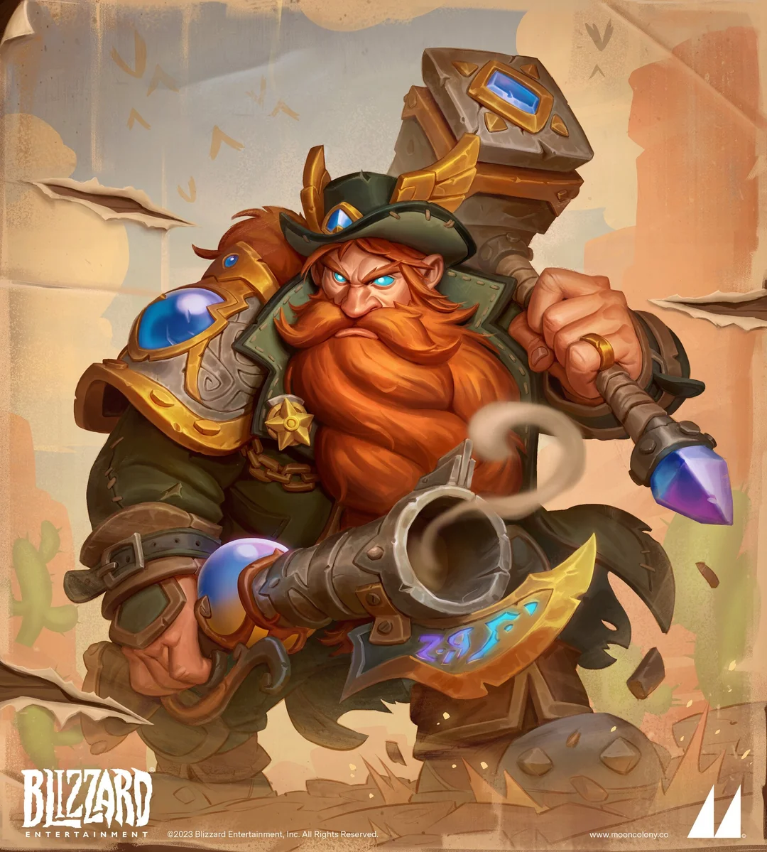 a dwarf dressed like a gunslinger stands in front of a wanted poster. he has a large dwarven hammer strapped to his back and he is holding a large gun. he has a very large red beard, and his eyes are glowing blue with power.