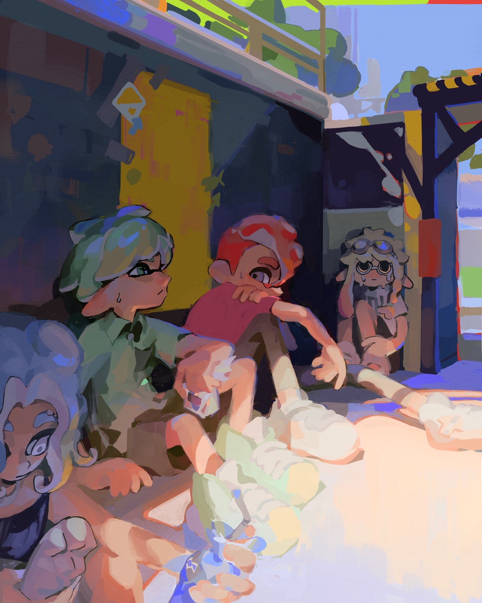 the image depicts four inkling characters from the splatoon video game franchise sitting and relaxing together in an urban alleyway bathed in bright sunlight.  the scene is rendered in a colorful and impressionistic style with bold brushstrokes and a vibrant color palette.