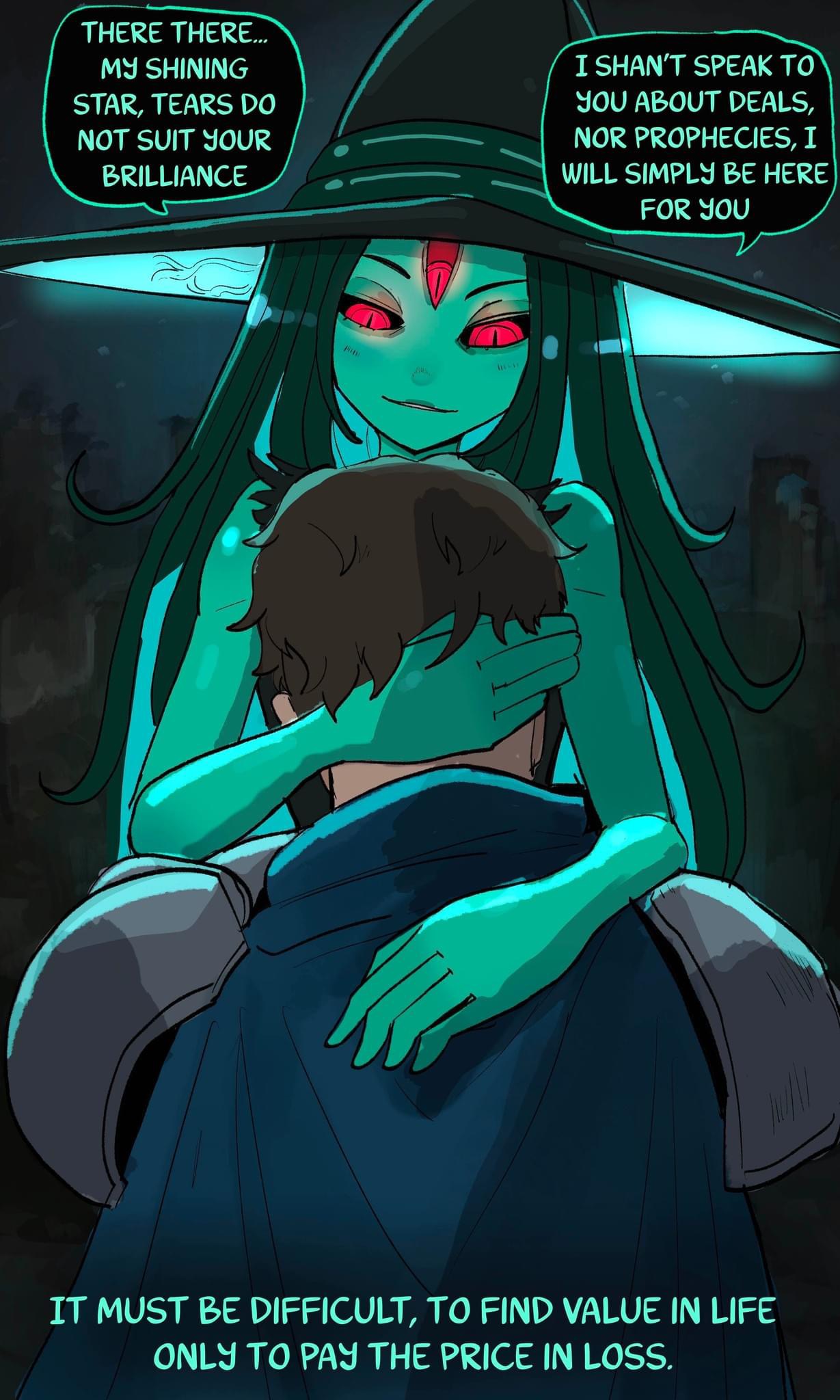 he image is a digital illustration from a comic or graphic novel. it depicts a scene where a tall, slender greenskinned woman with long dark green hair and a witch's hat is embracing a man. the woman's expression is serene, while the man is obscured, suggesting sadness or grief. speech bubbles convey a conversation where the witch offers comfort and avoids discussing deals or prophecies. the overall atmosphere is dark and mysterious, with a fantasy setting. a caption at the bottom of the image reflects the theme of loss and the search for meaning in life. the art style is expressive and emotive, with a focus on character interaction and mood.