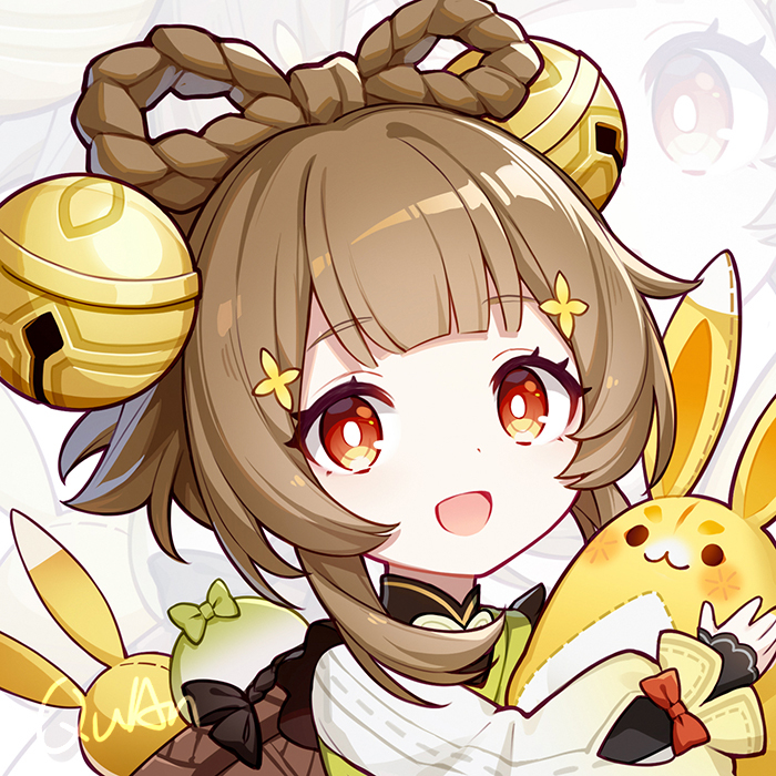 a chibi anime girl with brown hair, yellow eyes, and a big smile is holding a plush bunny. she is wearing a white and green outfit with a bow and flowers. the background is white with yellow details.