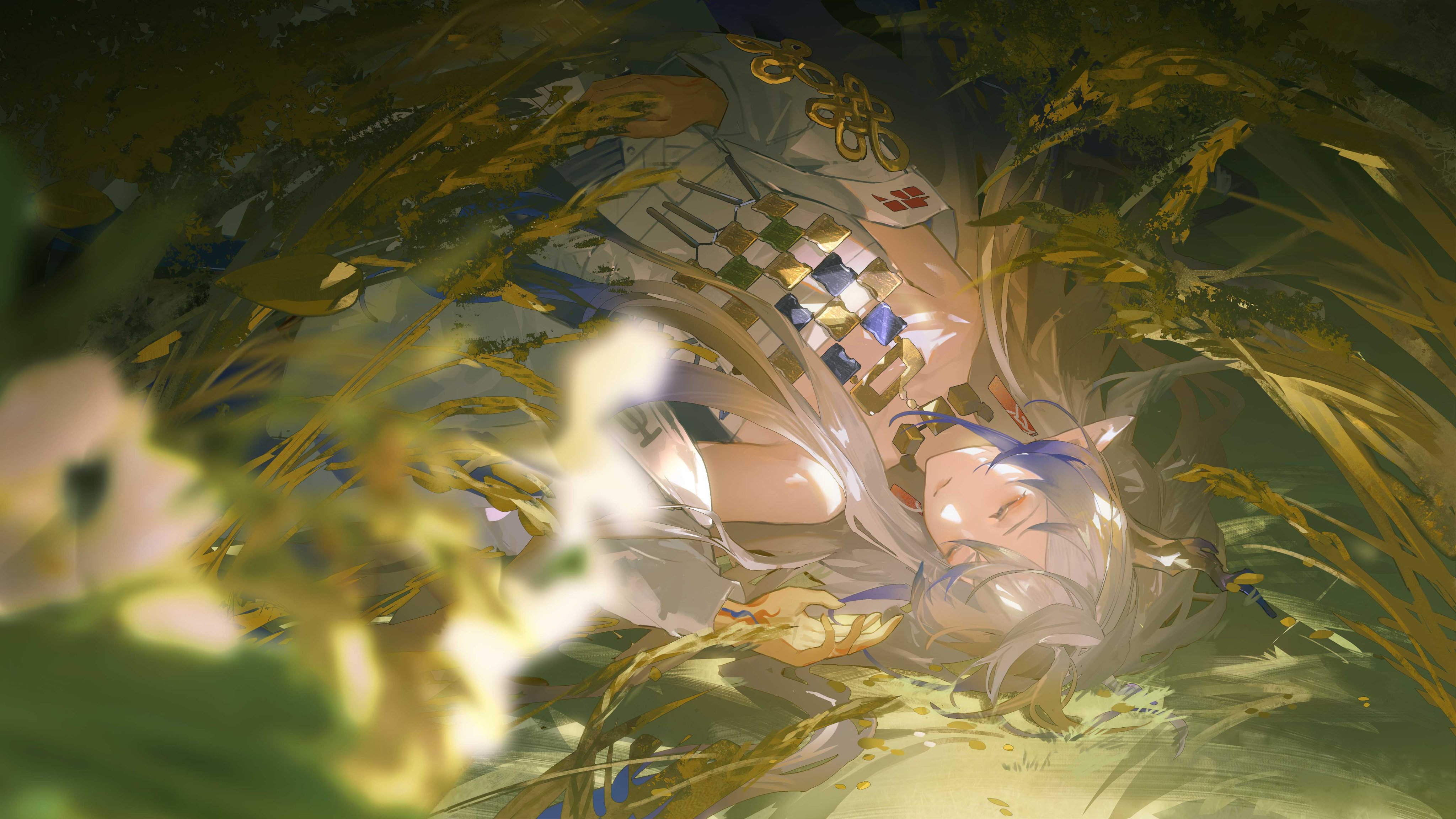 the image shows a digital painting of an animestyle girl with long, light gray hair and elf ears lying asleep in a field of tall grass. she's wearing a white and gold ornate outfit with a detailed necklace. the overall style is fantasy and dreamlike, with soft lighting and painterly textures.  the color palette is warm and inviting with golds, whites and greens dominating the scene. the girl appears serene and peaceful in her sleep.