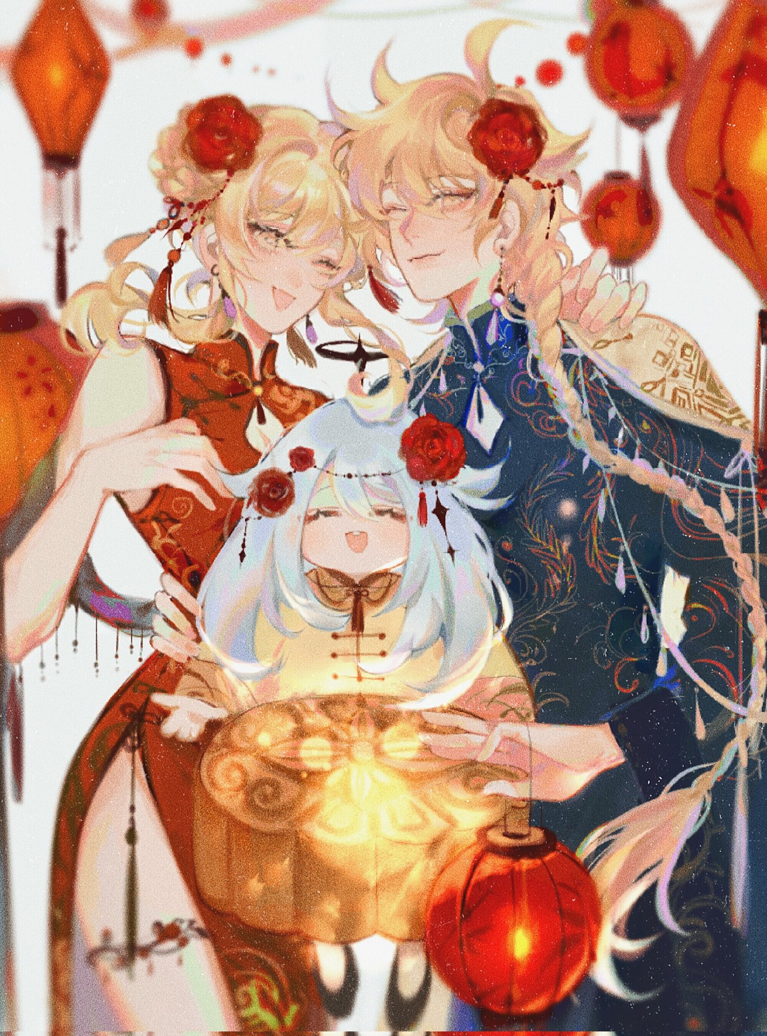 the image is a digital painting or illustration in an anime style, depicting a family of three, likely a mother, father, and child, dressed in elegant traditional chinese clothing.  the mother wears a red qipao, the father a richly decorated dark blue hanfustyle garment, and the child a pale yellow hanfu.  they are gathered around a glowing lantern or box, creating a warm, festive atmosphere.  red lanterns and other festive decorations are visible in the background. the art style is highly detailed and colorful, with soft shading and lighting that gives a sense of warmth and intimacy. the overall mood is happy and celebratory, possibly representing a chinese festival or holiday.