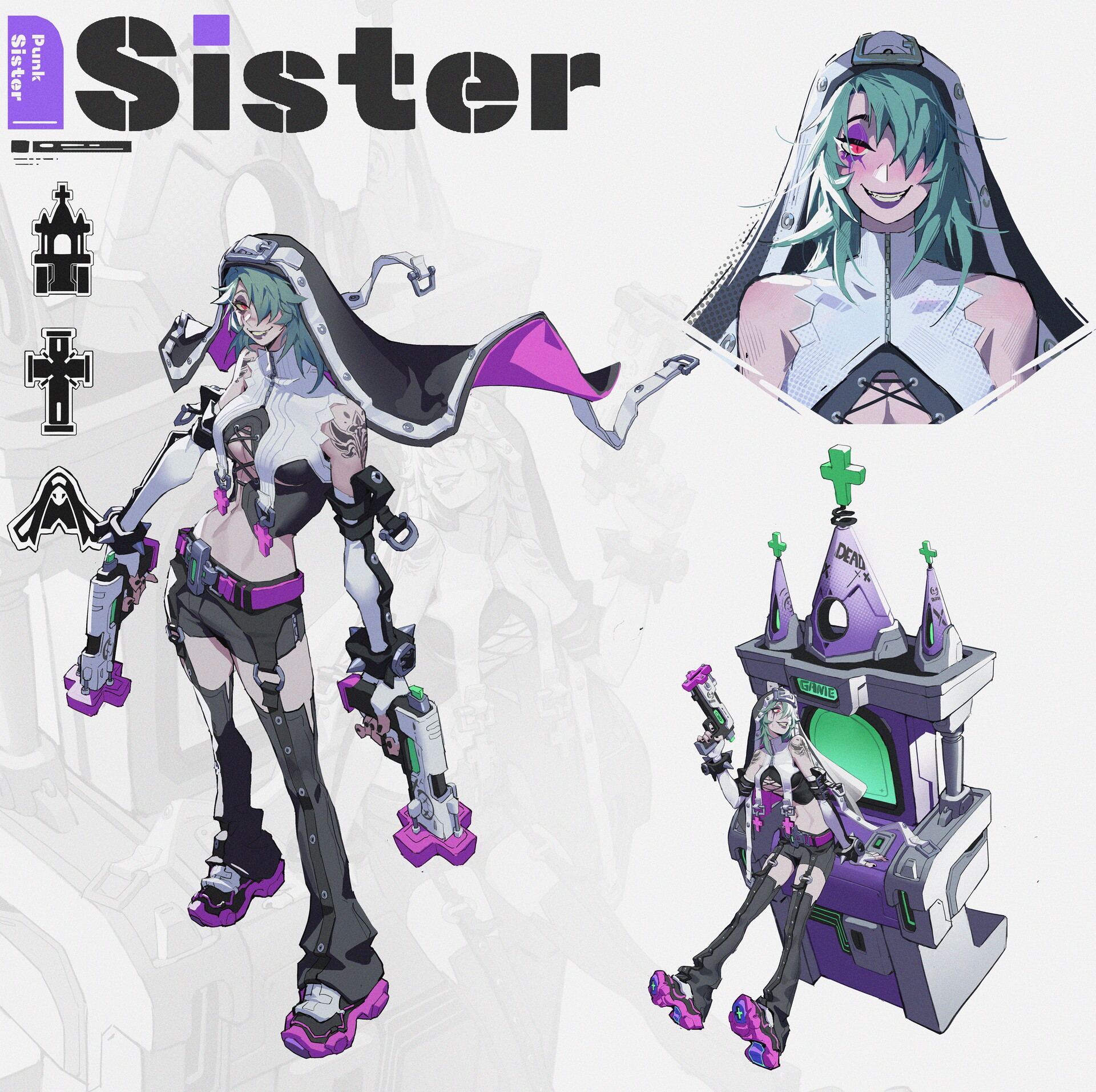 the image features a concept art design sheet of a character called punk sister, a futuristic take on a nun. the character is depicted in multiple poses and contexts. the main figure wears a modified nun's habit with a short black and white top, shorts, and accessories with purple accents. she carries futuristic guns. another rendering shows her head and shoulders, showcasing green hair and a sinister smile. a smaller figure is shown next to a purple and green churchlike structure with "dead" and "alive" labeled on it.