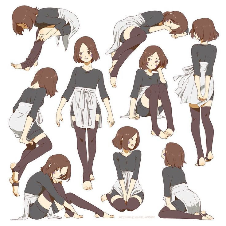 the image is an anime style drawing of a young girl in a variety of poses. the girl is wearing a white skirt and black top with a purple mark on her forehead. she is in a variety of sitting and standing poses.