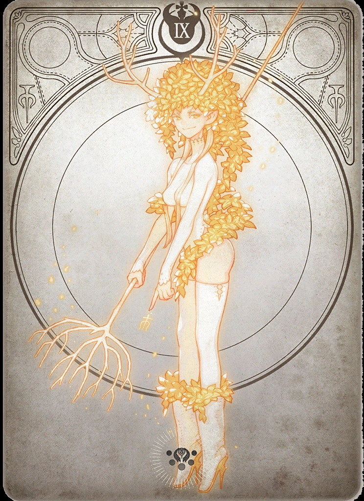 this image is an illustration of a woman dressed in white, standing inside a decorative frame. she has golden antlers, golden vinelike accessories on her body, and holds a golden staff. she is wearing a white leotard with thighhighs, gloves and boots. the overall image resembles a card.