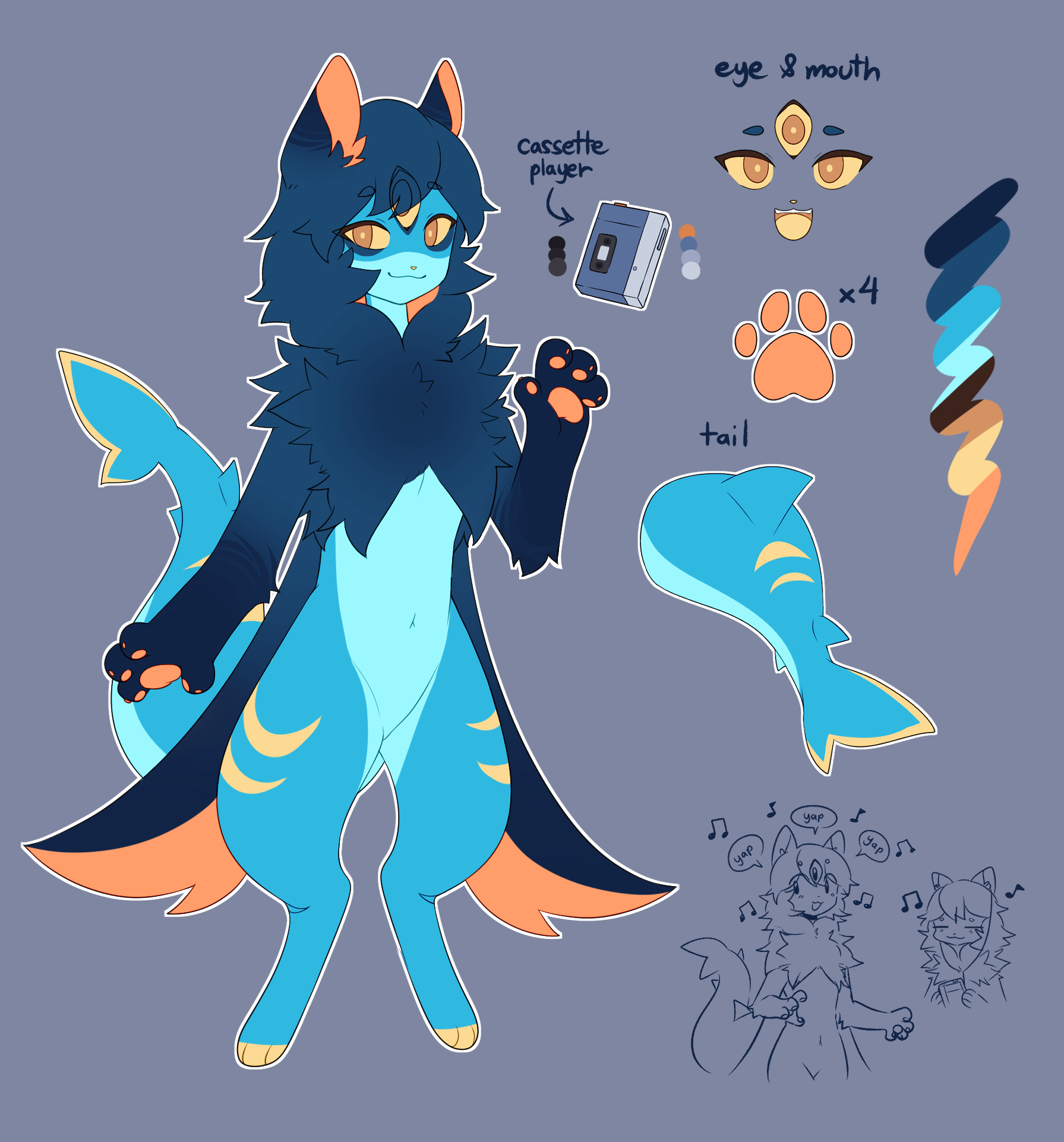 a cute and fluffy anthro shark character with teal fur and orange fins. they are holding a cassette player in their paw and have a  blue and orange tail with a white stripe. there are also designs for their eyes and mouth, which are  blue and orange, as well as a closeup of their tail. there are music notes floating above the character, and two smaller  shark characters are  singing. the background is purple and has a simple, flat design.
