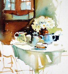 a watercolor painting of a breakfast table set for one in front of a window. the table is covered with a white tablecloth and set with a plate of pastries, a pitcher, a teapot, a cup and saucer, and a vase of white flowers. the window is open and there is a chair pulled up to the table. the overall tone of the painting is light and airy.