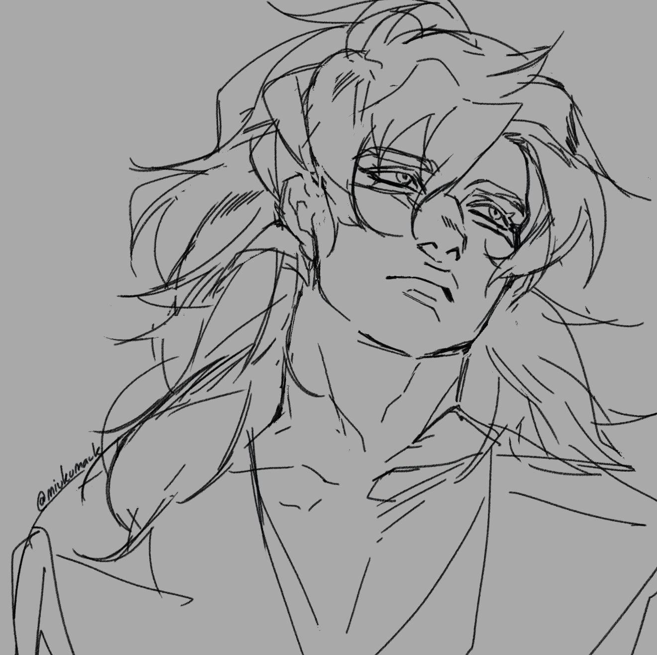 a line art sketch of a man with long hair. he is wearing glasses and has a serious expression on his face. the drawing is in black and white and is done in a simple style.