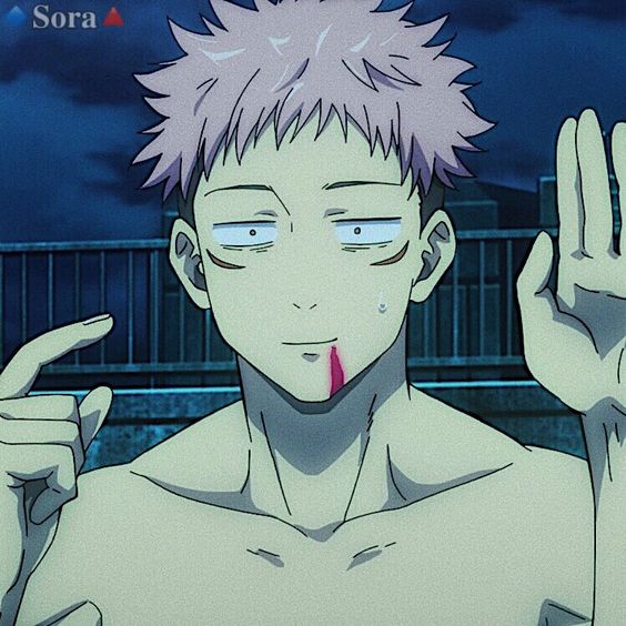 a shirtless anime character with spiky pink hair. he has dark circles under his eyes and a small cut on his cheek. he appears to have a tired expression. he's holding up his right hand with his palm facing the viewer, and his left index finger is pointing forward.  the background suggests an outdoor setting at night.