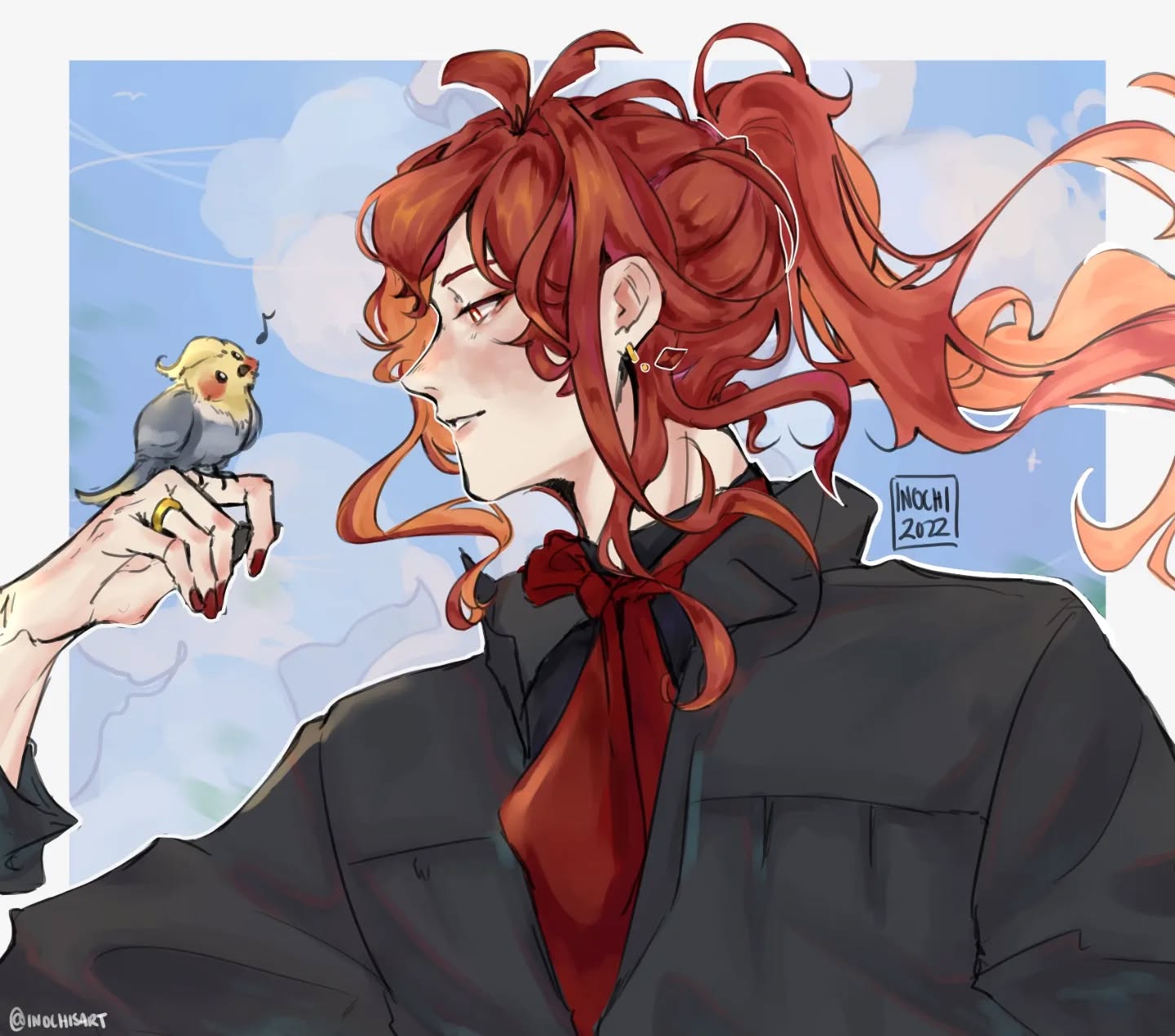 the image is a digital painting or fanart featuring an animestyle male character with long, vibrant red hair styled in a high ponytail. he's wearing a darkcolored jacket or blazer with a striking red tie.  his expression is soft and gentle. he's holding a small, yellowcrested cockatiel bird gently in his hand. the background is a light blue sky with fluffy clouds, creating a peaceful and serene atmosphere. the artist's signature "inochi 2022" is subtly placed in the image. the overall style is elegant and detailed, characteristic of modern anime or mangainfluenced art.