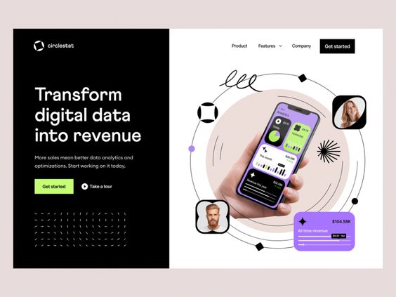 the image is a website landing page design for a business that provides digital data analytics and optimization services. the page features a bold headline that reads "transform digital data into revenue," and the text below explains how their services can help businesses increase sales through better data analysis and optimization. the image also showcases a phone with a mockup of an app that shows various statistics, representing the data analysis and revenue generation features of their services. the overall design is modern and visually appealing, incorporating elements of color and abstract shapes to create an engaging and informative visual experience for the user.