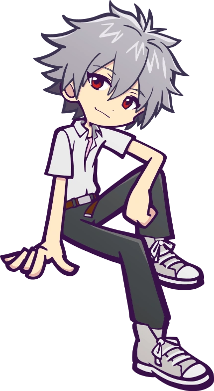his is a chibistyle illustration of a boy, possibly inspired by shinji ikari from neon genesis evangelion. he has grey hair, red eyes and is wearing a school uniform consisting of a white shortsleeved shirt and dark grey pants. the boy is sitting with his legs crossed, casually leaning to one side.  he's wearing grey sneakers with white laces. the art style is simplistic and cute, typical of chibi illustrations. the background is transparent.