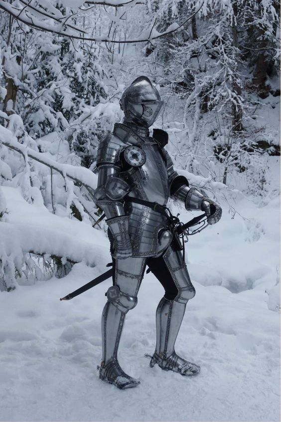 a man in a full suit of plate armor stands in a snowy forest. the armor is highly polished and reflects the surrounding environment. he holds a sword in his right hand, and the ground is covered in a thick blanket of snow.