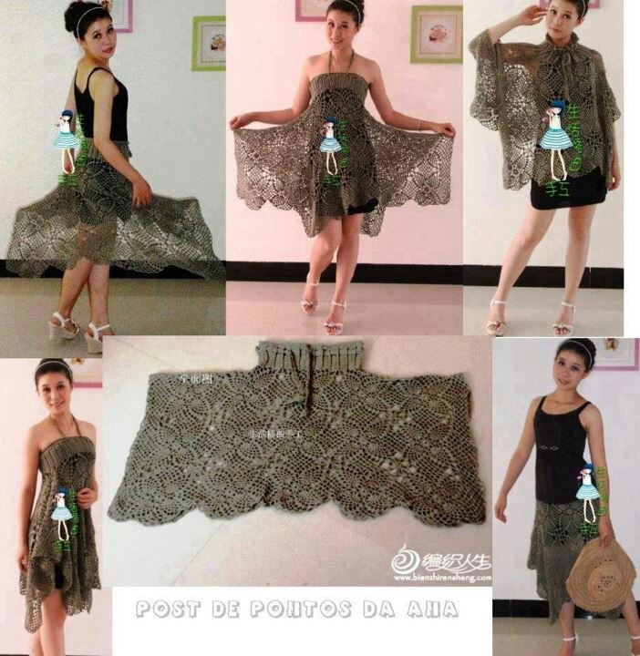 the image shows several ways to wear a crocheted garment. it can be worn as a dress, a skirt, or a shawl. a woman is shown wearing the garment in different ways. the crochet pattern is intricate and lacy. the text on the image says "post de pontos da aha" and "www.bianshirensheng.com".