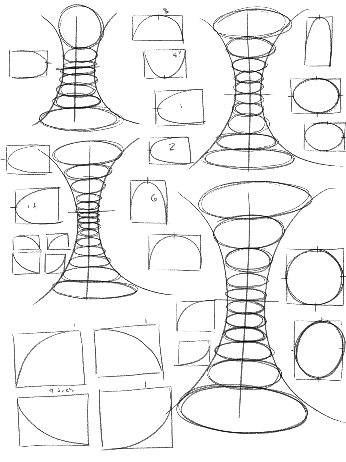 he image showcases a series of sketches and geometric constructions focused on creating an hourglass shape.  it demonstrates the process of building the form using ellipses, arcs, and circles of varying sizes.  smaller boxes contain individual geometric elements, likely illustrating the steps or components used in creating the overall design. the sketches are handdrawn and show a progression or exploration of the hourglass form, with multiple iterations visible.  various curves and arcs are meticulously drawn, suggesting a deliberate and precise approach to design.  the overall style is technical and precise, typical of design or engineering sketches.
