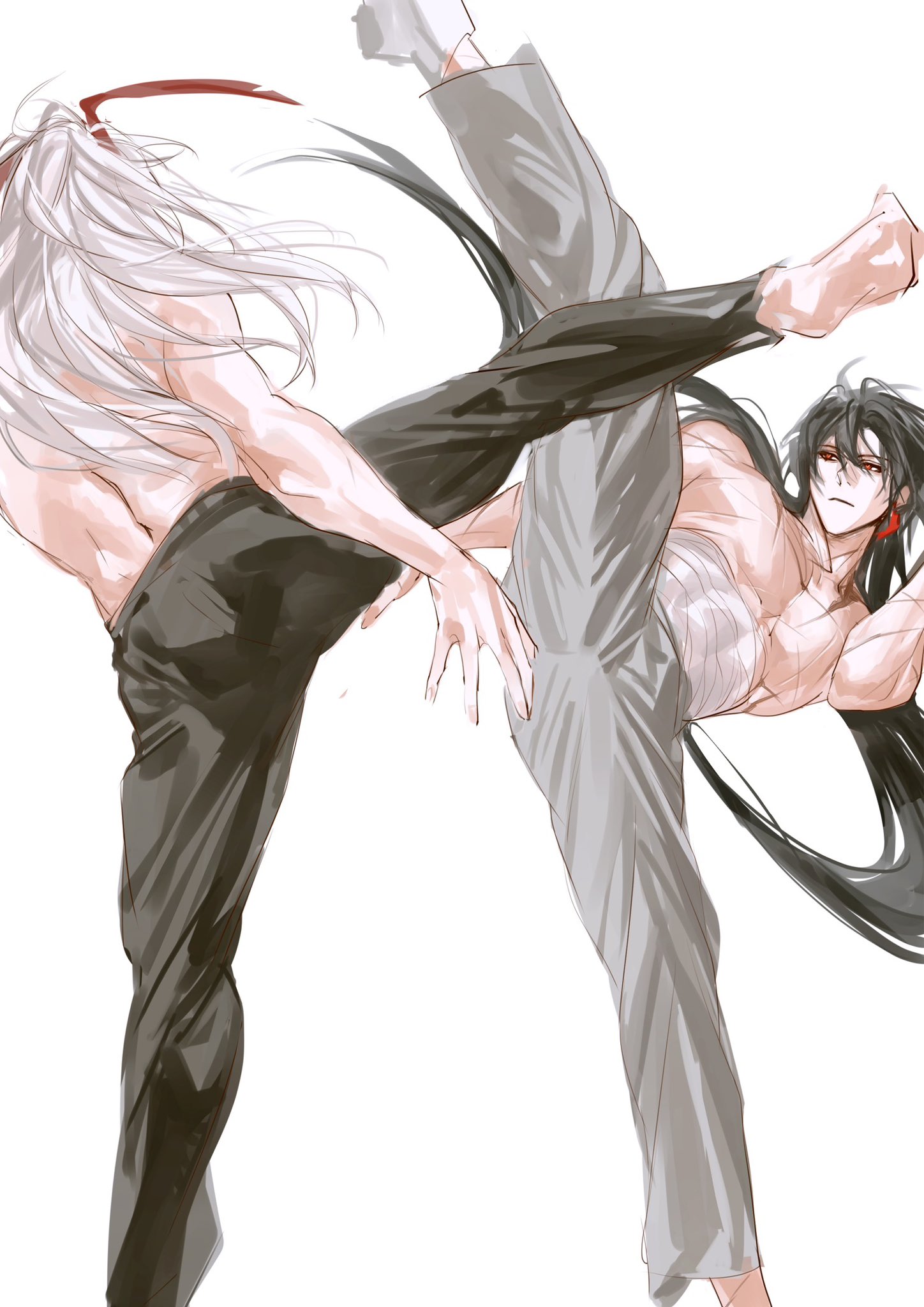 two anime style men are fighting. the man in the grey pants is kicking the man in the black pants. they both have long hair and are barechested.  the men appear to be in the middle of a martial arts fight. they are both facing each other and their expressions are serious. the background is white.
