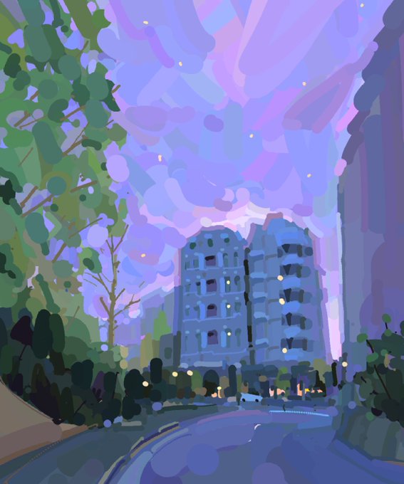 the image is a digital painting of a street scene at night. a curved road runs through the scene, with trees and bushes on the left and buildings on the right. a tall building is centrally located, with a purple and pink cloud filled sky above. there are small lights or stars scattered throughout the sky. the overall style is impressionistic and painterly.