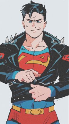 a stylized illustration of superman. he is depicted as a handsome young man with dark hair and blue eyes, wearing a  black leather jacket with studs over his iconic red and blue superman suit. he is in the process of unzipping the jacket, revealing his costume underneath. the art style is reminiscent of classic comic books with bold lines and vibrant colors.