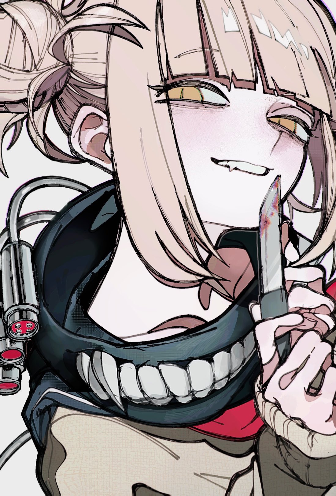 the image is a drawing of an anime girl with blonde hair and eyes. she is smiling and holding a knife in her right hand. the knife has blood on it. the girl is wearing a dark jacket and has a scarf with teeth around her neck. the background is white. the girl is drawn in a manga style and the image is in black and white with some color. the image has a creepy and evil vibe.
