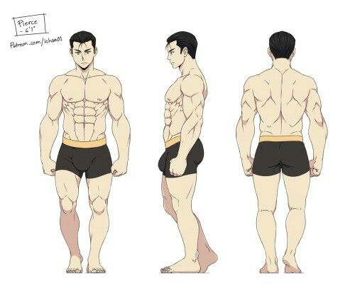 this is a digital illustration of a muscular man in different poses. he is shown from the front, back, and side. he has a sixpack and is very fit. he is wearing black shorts with a yellow waistband. the illustration is drawn on a white background.