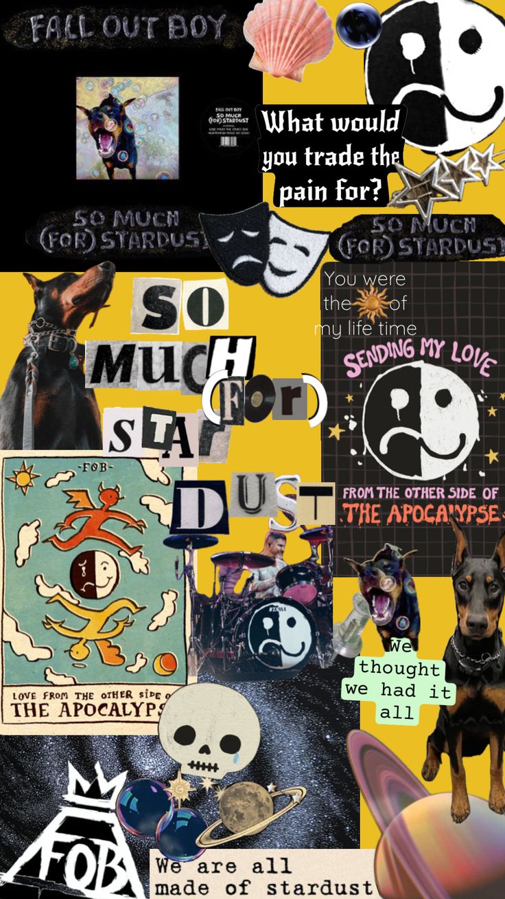 the image is a collage of different images and text related to the band fallout boy. the collage is made up of various different images that include dog heads, skulls, planets, stars, and other various images. the text is related to the band's lyrics and music. there is also a lot of color in the image, with yellow being the dominant color. the overall feeling of the image is dark, sad, and somewhat apocalyptic.