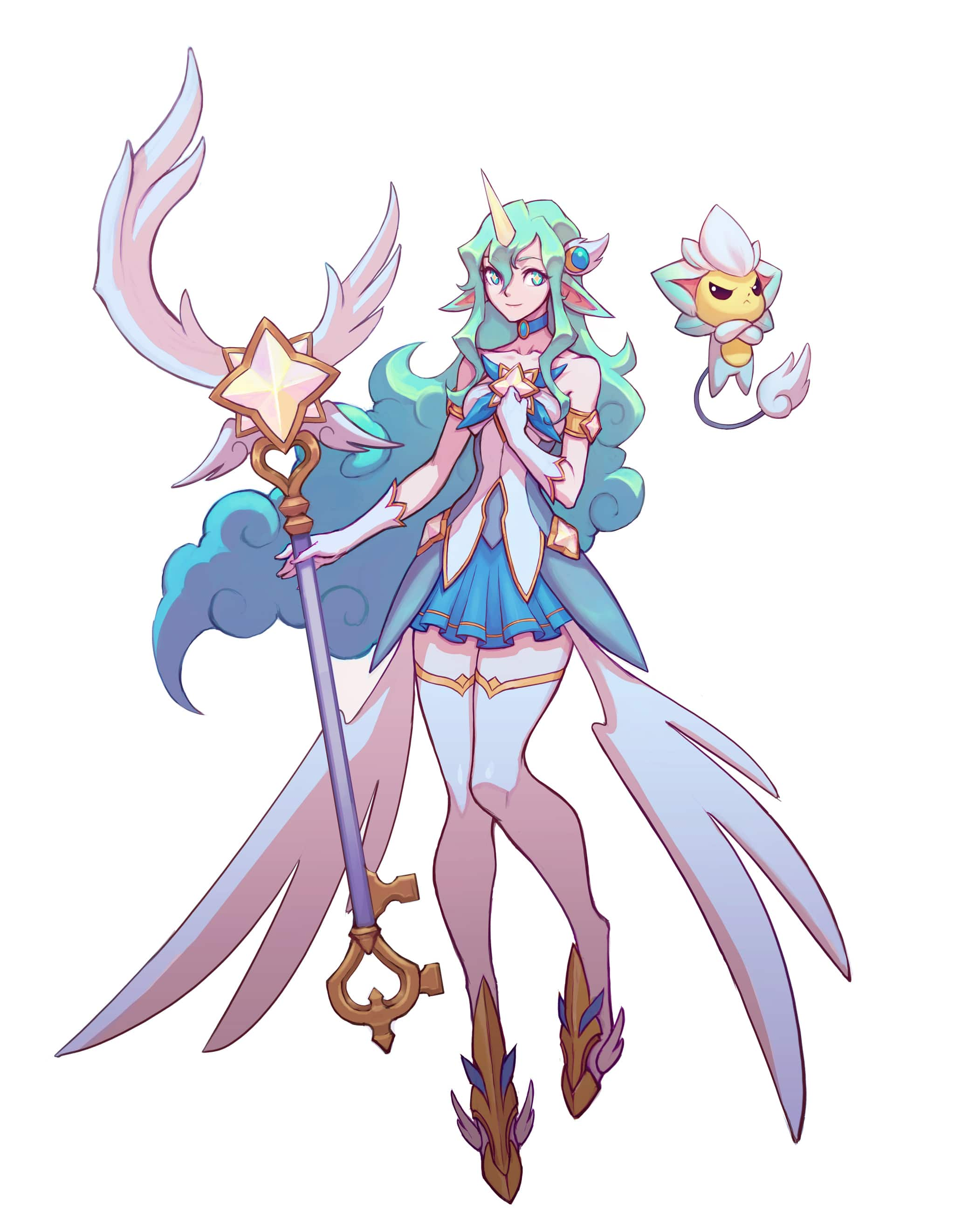 this is a digital illustration of a female anime character with long green hair and a unicorn horn. she is wearing a blue and white dress with a golden belt and is holding a staff with a star on top. she has wings and a cute, smiling face.