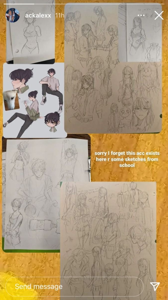 he image is a collage of various sketches and drawings, primarily in pencil, depicting anime or mangastyle characters. the sketches are a mix of finished pieces and quick doodles, showcasing a range of styles and poses.  there's a mix of both male and female characters. some sketches are more detailed and refined, while others are quick studies.  the images are presented in a scrapbookstyle collage, and the caption mentions that these are sketches from school. the overall style is consistent with casual artwork created by a student or artist.