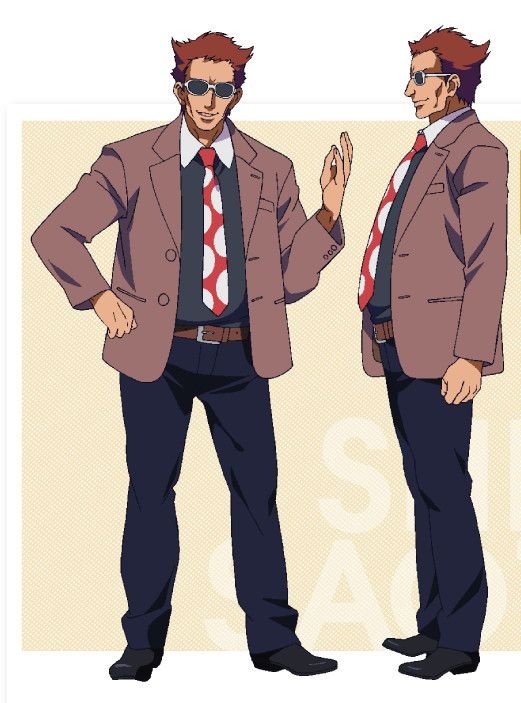 the image shows a cartoon anime character in a suit. he has red hair and is smiling and friendly. he is wearing glasses, a brown suit, a tie, black pants, and black shoes. he is standing with his arms relaxed. there is a duplicate of the character shown to the right. the background is beige with a  black and white text.